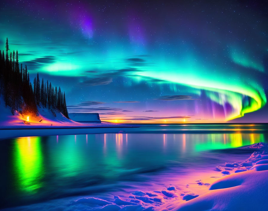 Colorful Aurora Borealis over Snowy Landscape with Frozen Lake