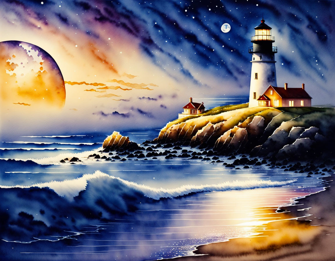 Cliffside lighthouse at sunset with moonlit sky and reflective sea waves