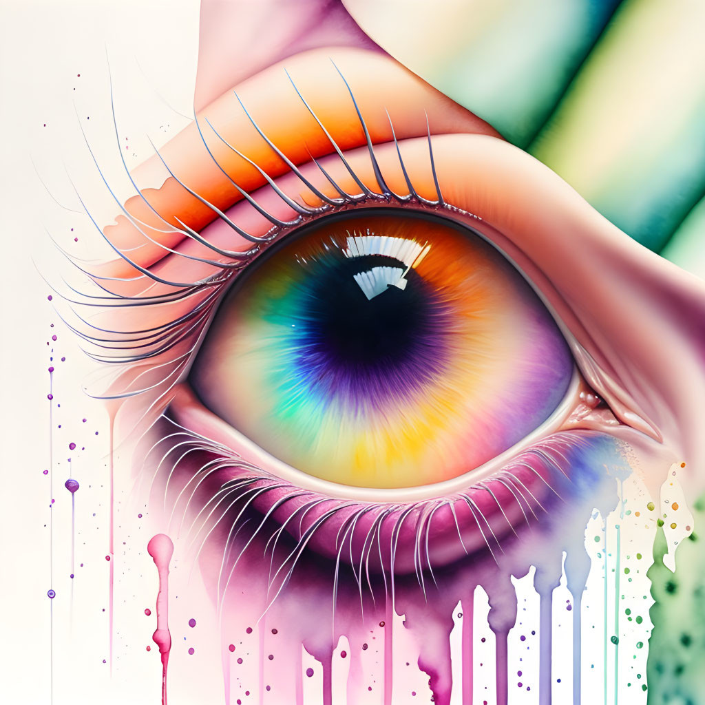 Colorful Stylized Human Eye with Rainbow Iris and Dripping Eyelashes