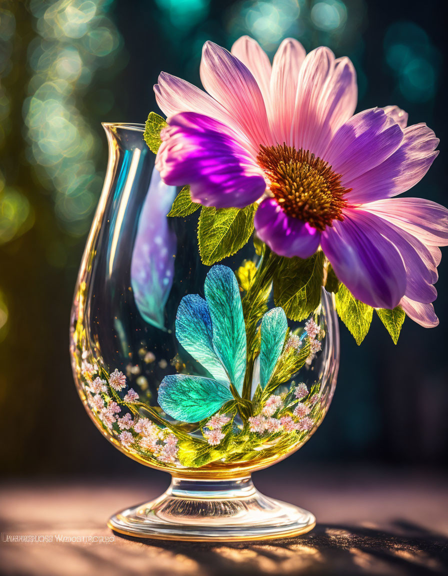 Pink and Purple Flower in Glass Vase with Green Foliage