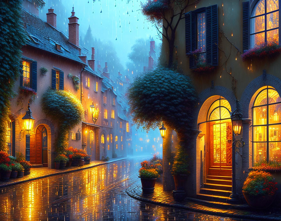 Quaint town cobblestone street at dusk with rain and illuminated buildings