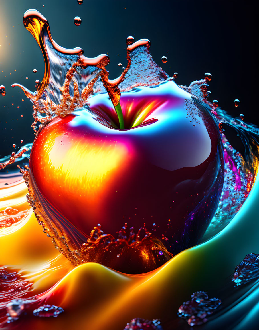 Colorful digital artwork: Glossy apple with liquid splash