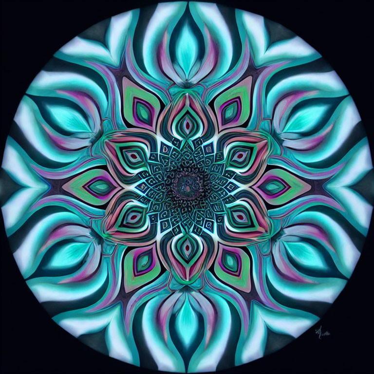 Symmetrical Teal and Pink Mandala Pattern with Intricate Details