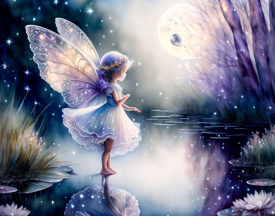 Illustration of fairy with glowing wings on water under starlit sky