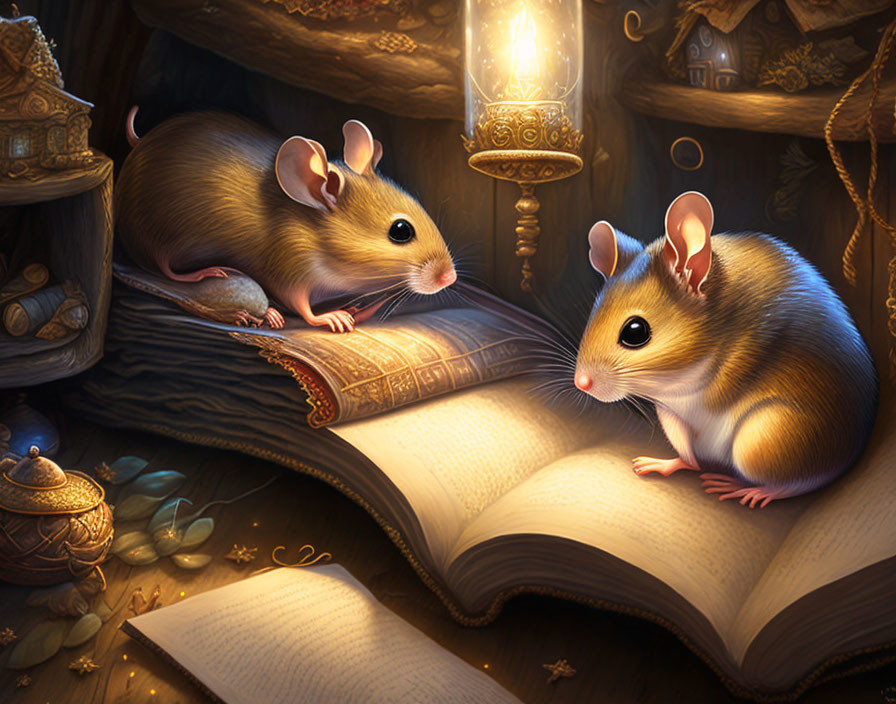 Two mice on an open book with a lit candle in a cozy setting