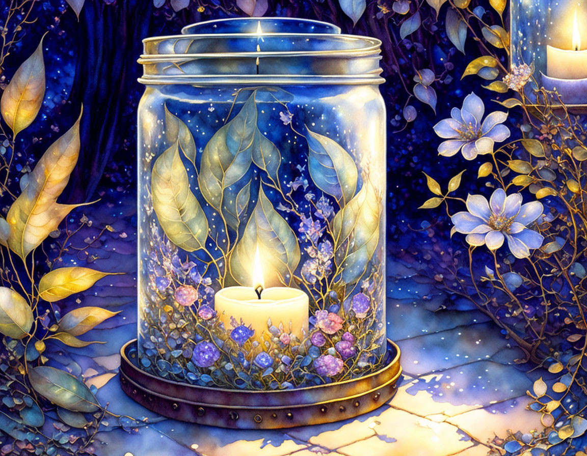 Glowing candle in glass jar with blue and purple flowers on starry night background