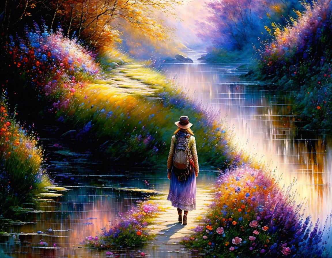 Person with hat and backpack walking by riverside path with colorful flowers and misty forest.