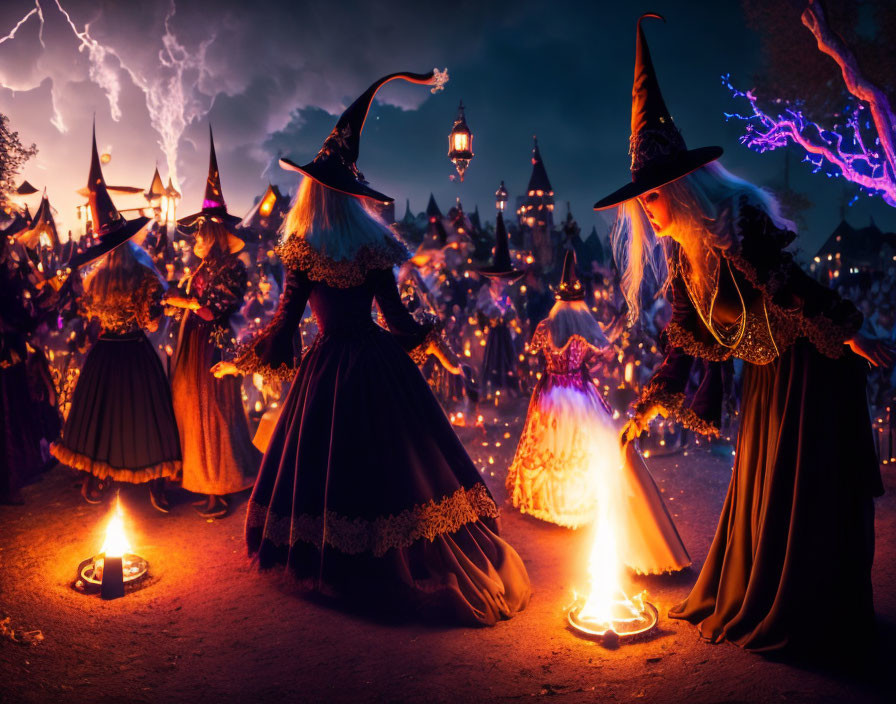 Three witches in elaborate costumes with lanterns around a fire in an enchanting setting with a castle and