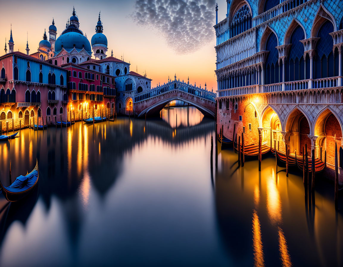 Venice Twilight Scene with Doge's Palace and Basilica di Santa Maria