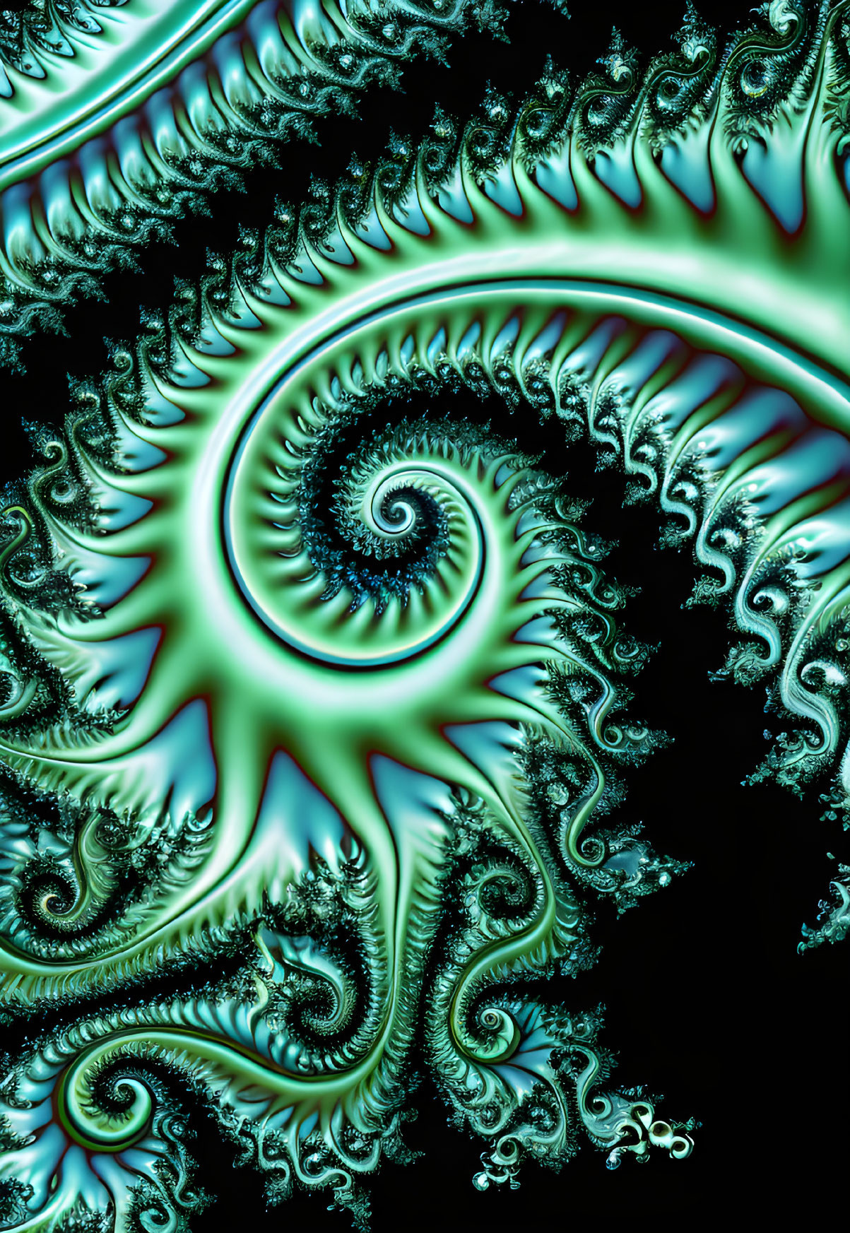 Detailed Blue and Green Spiraling Fractal Design on Black Background