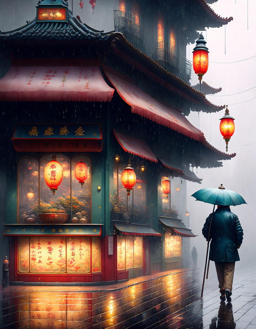 Night scene: Person with umbrella by traditional building with red lanterns in rain