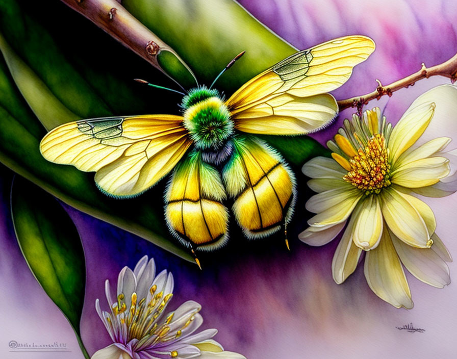 Colorful Bee Illustration on Yellow and White Flowers with Purple Background