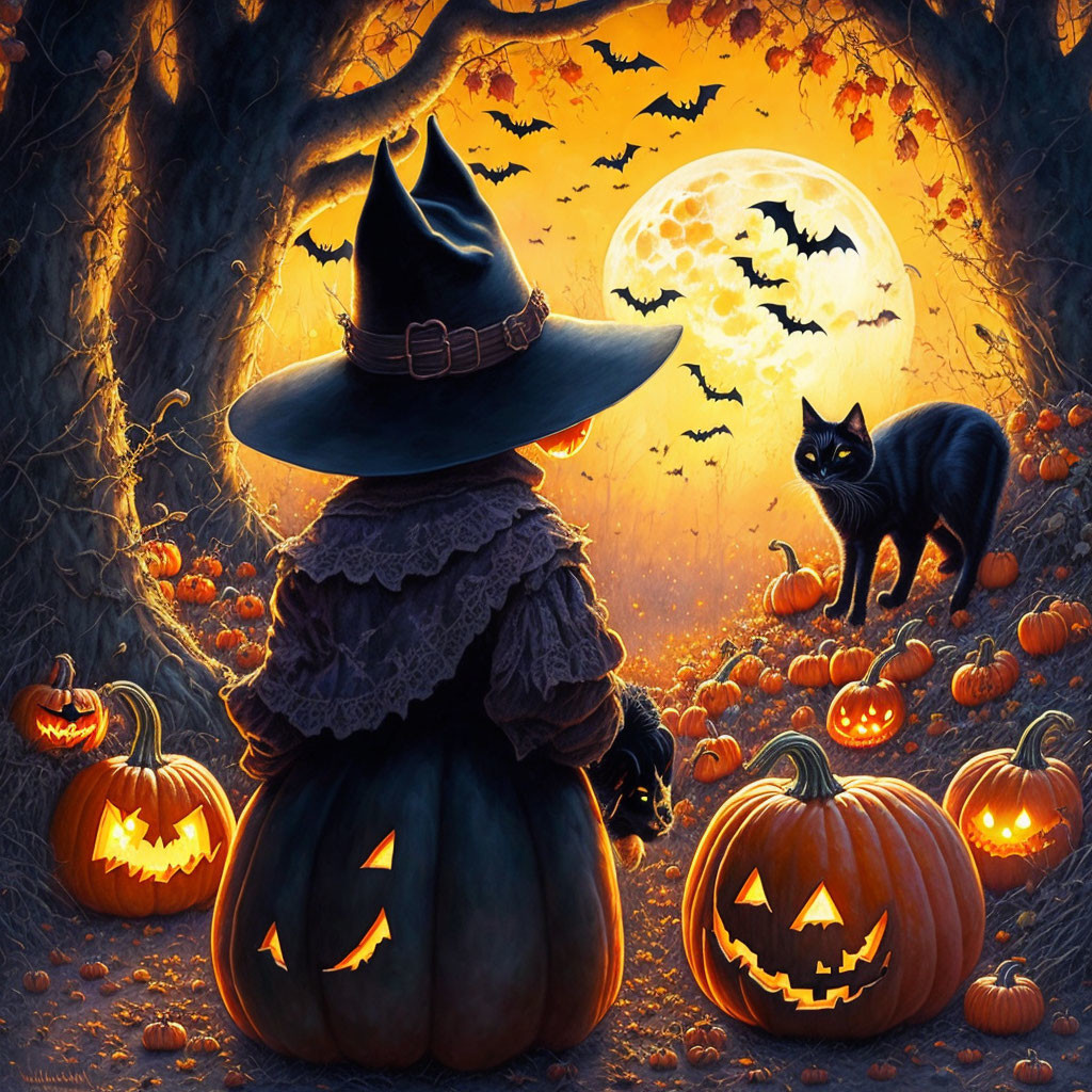 Person in witch costume surrounded by pumpkins, black cat, full moon, and bats.