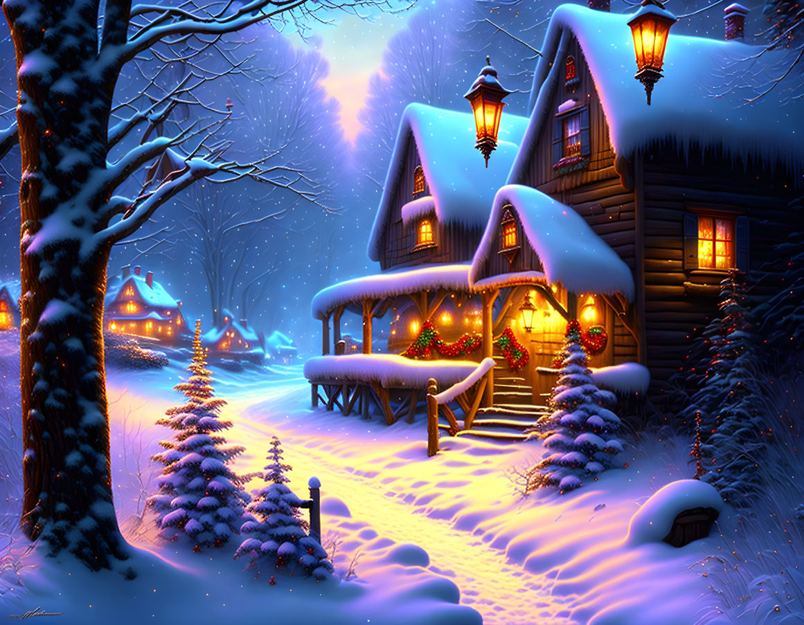 Winter Scene: Snow-covered cottages with glowing lights and Christmas decorations