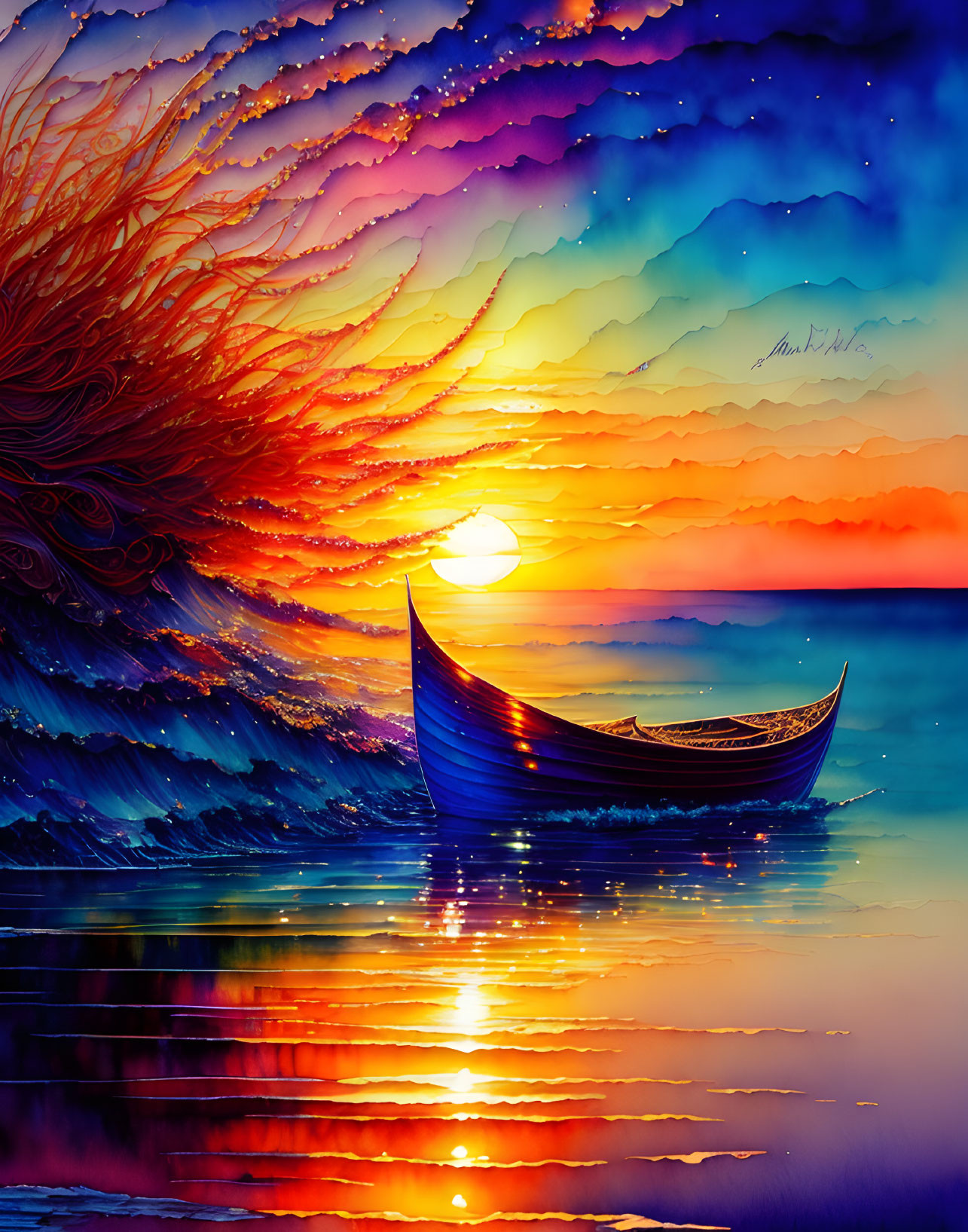 Vibrant sunset painting with lone boat on rippled water