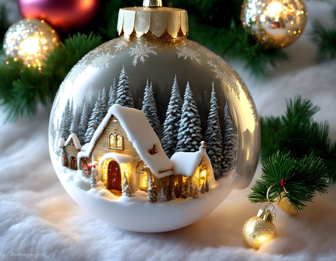 Snow-covered house Christmas ornament with warm lights and pine trees