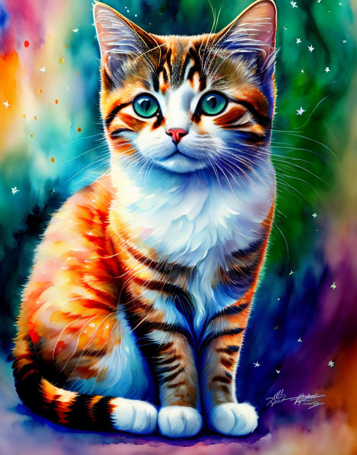 Colorful digital painting: Cat with blue eyes & orange fur on starry backdrop