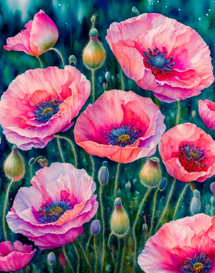 Bright pink poppies with dark centers on blurred green background