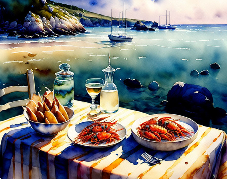 Seaside dining setup with lobsters, bread, and wine by the ocean