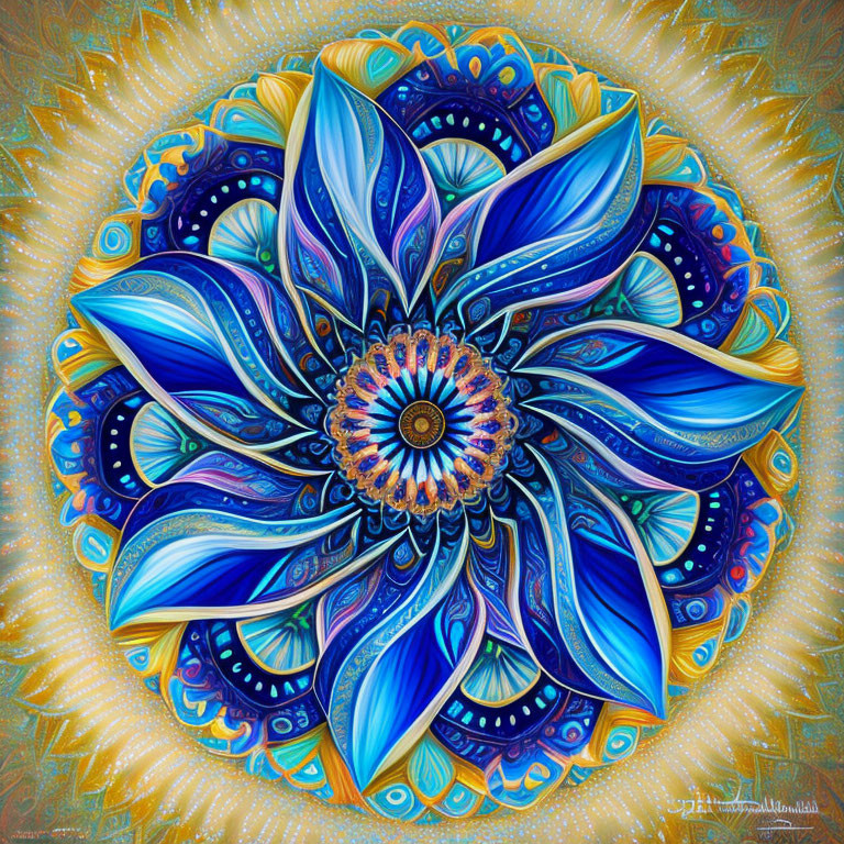 Symmetrical blue mandala digital artwork with ornate details