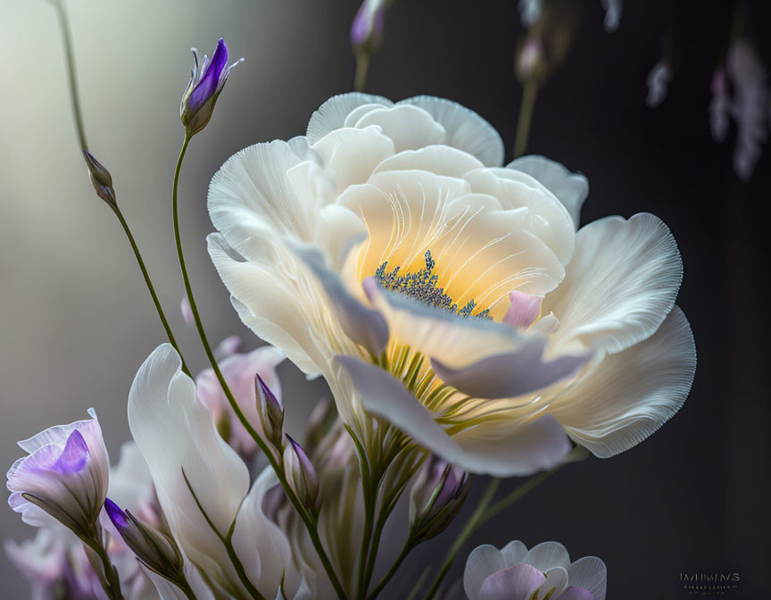 White Flower Surrounded by Purple Buds on Dark Background