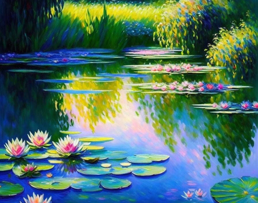 Impressionistic painting of lush pond with blooming water lilies and reflections