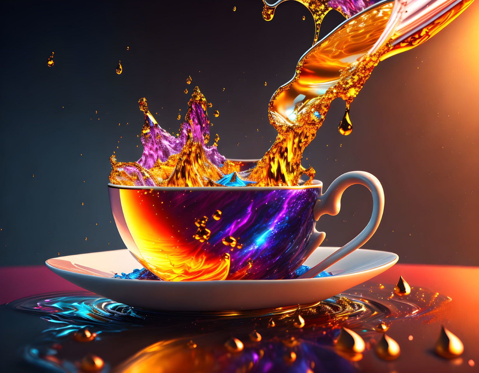 Colorful Teacup Artwork with Splashy Liquid Pouring Scene