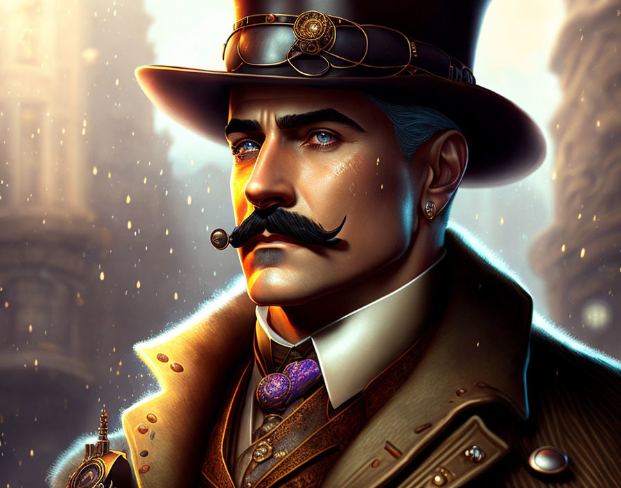 Steampunk gentleman with top hat and monocle in amber city setting