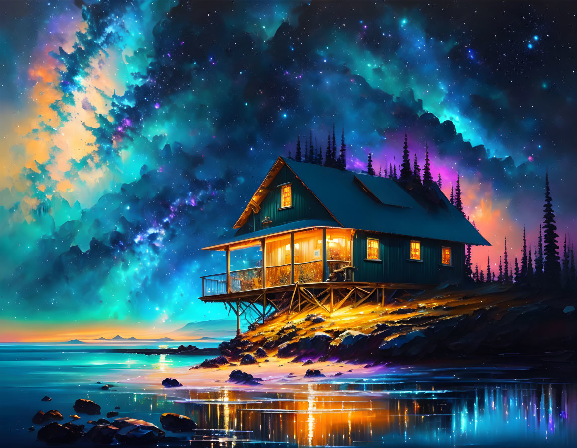 Scenic night sky with aurora borealis over lakeside cabin