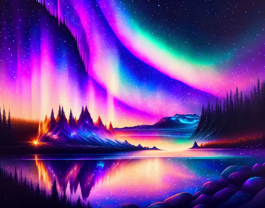 Night landscape digital artwork: Aurora borealis over mountain reflection