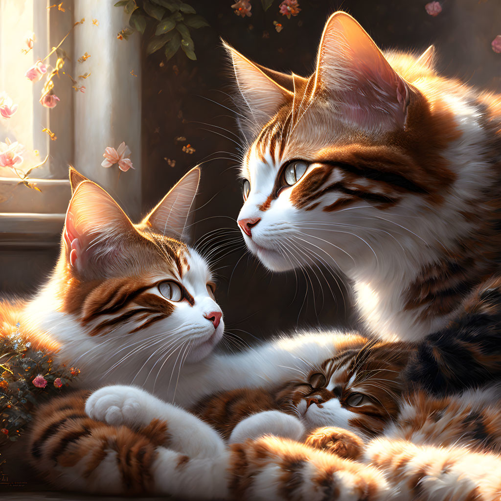 Two Striped Cats Relaxing by Sunlit Window with Flowers