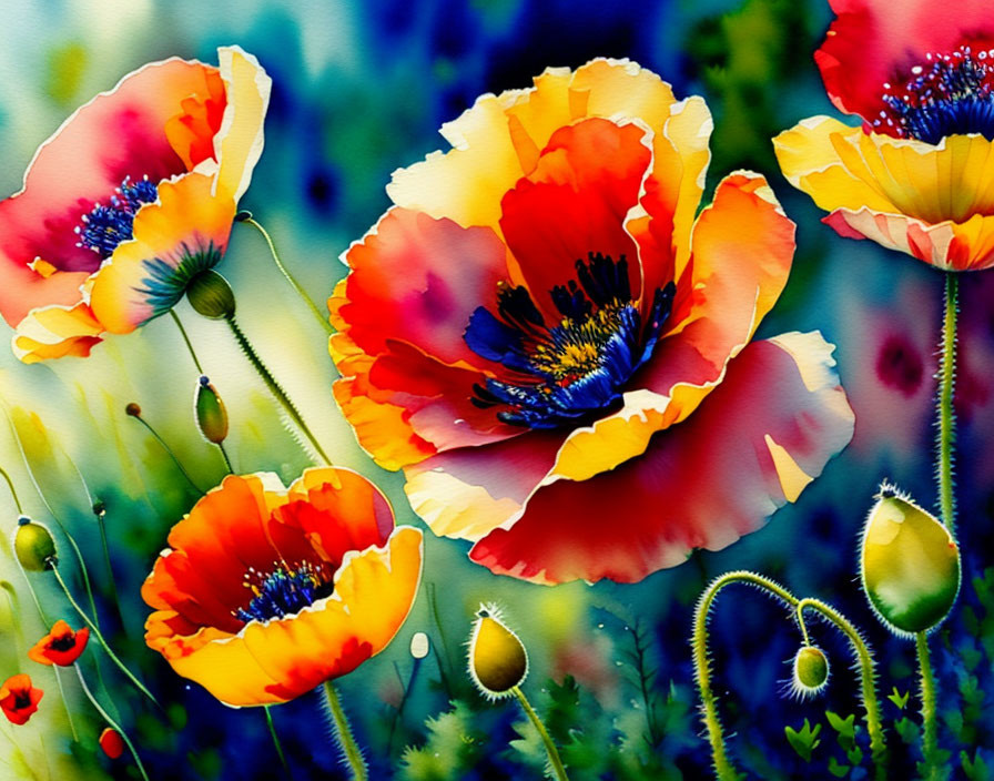 Detailed Watercolor Painting of Red and Orange Poppies