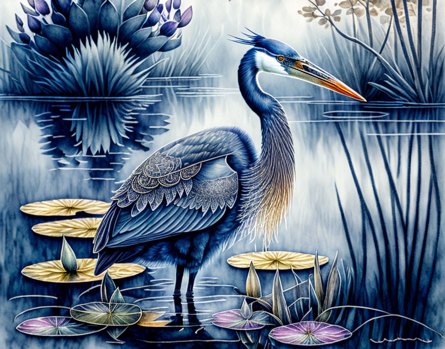 Detailed Blue Heron Illustration in Tranquil Pond with Lotus Flowers