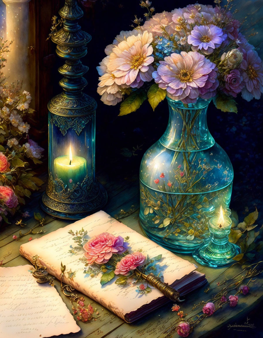 Blue vase with flowers, candle lantern, and floral journal in serene setting