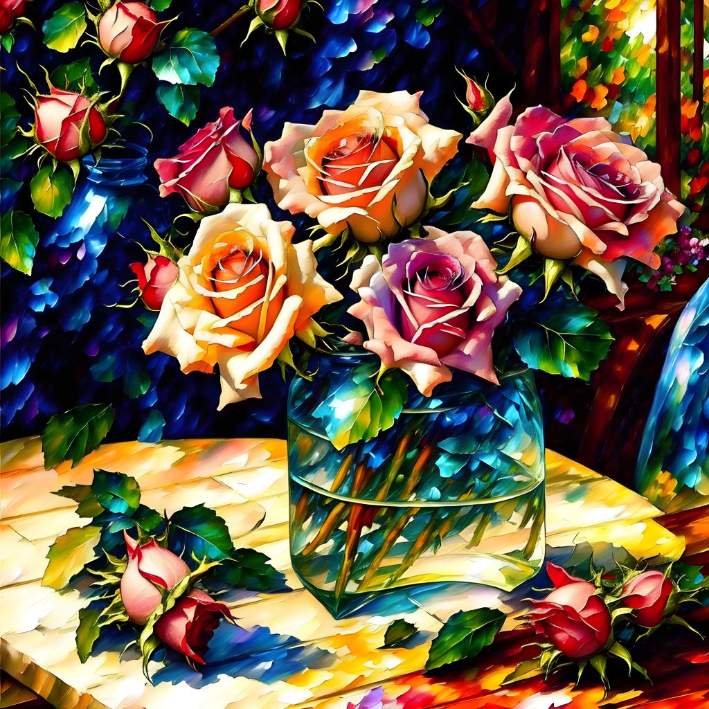 Colorful roses in glass vase on patterned surface with scattered petals & vibrant background.