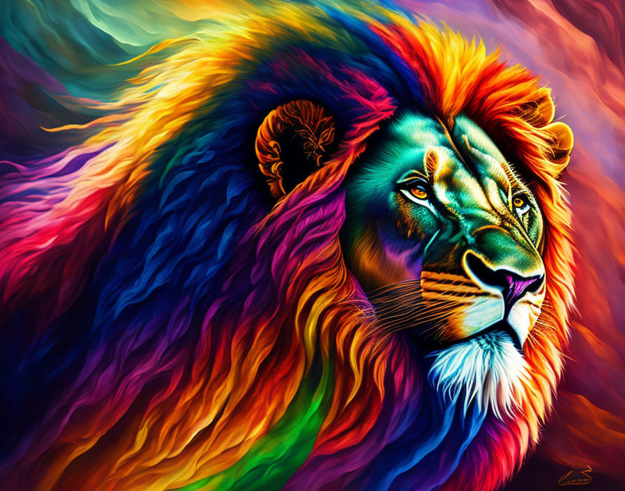 Colorful Portrait of Majestic Lion with Multicolored Mane