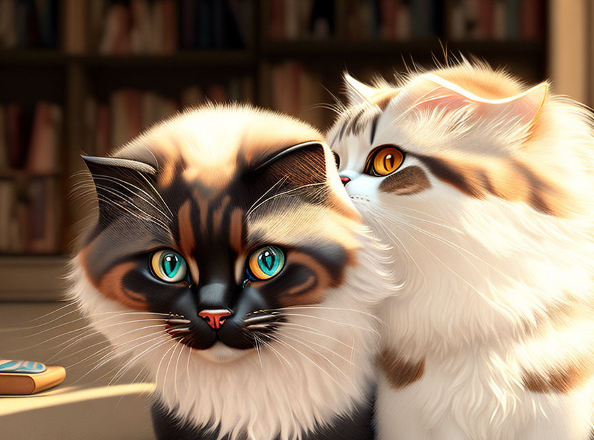 Realistic animated cats with striking eyes in front of a bookshelf