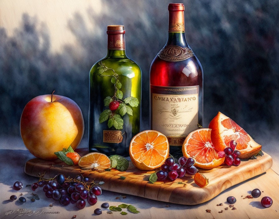 Still Life: Wine Bottles, Fresh Fruits, Wooden Board