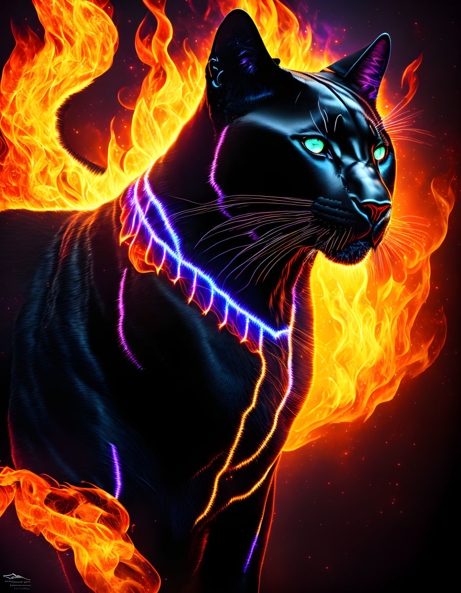 Vibrant digital artwork: Black panther with neon blue highlights in fiery backdrop