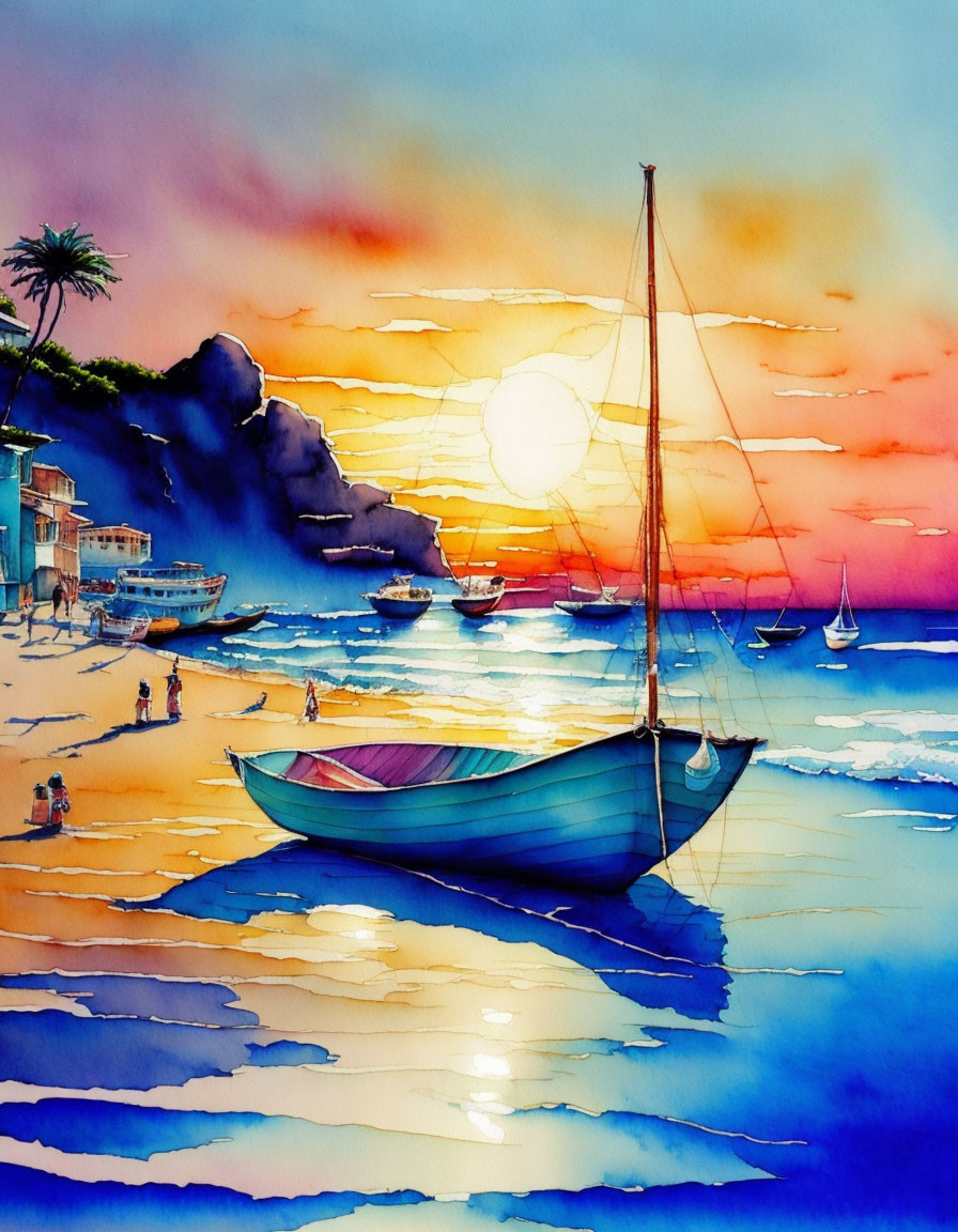 Vibrant watercolor: Beach sunset with boat, figures, orange sky