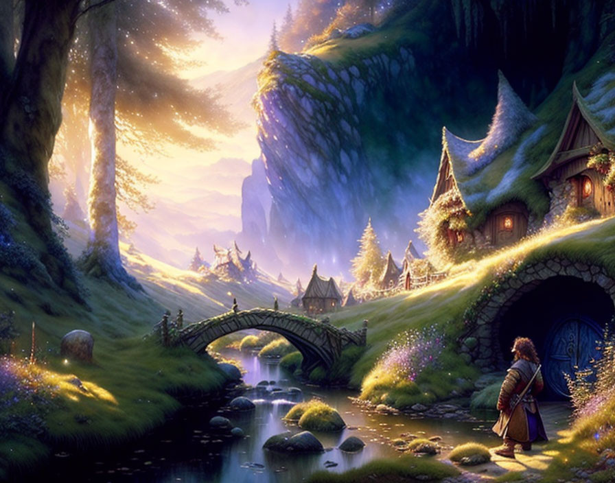 Enchanting forest scene with character by stream and magical homes among vibrant trees