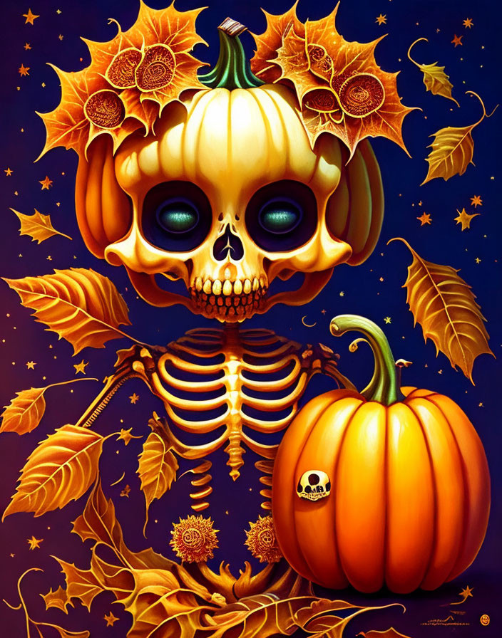 Cartoon skeleton with pumpkin head in Halloween illustration