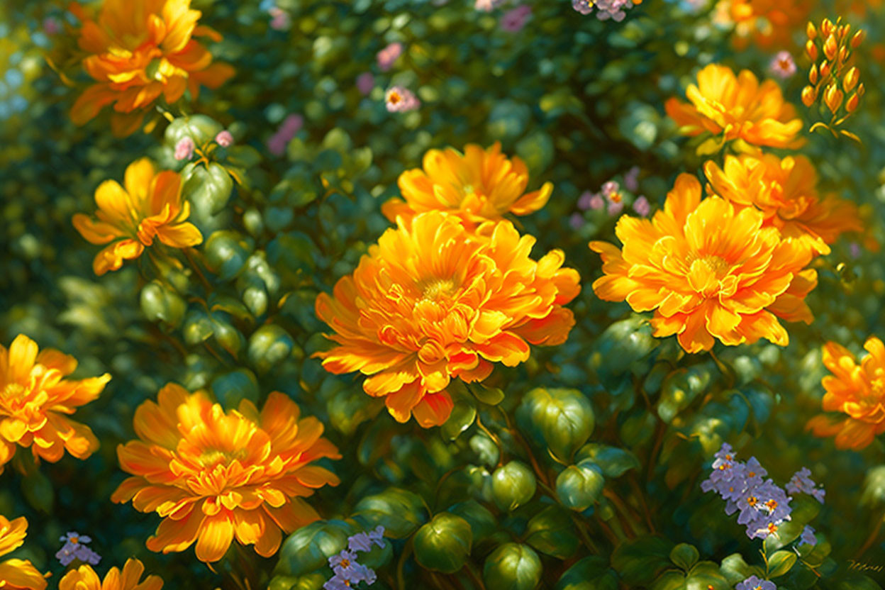 Vibrant painting: Marigold flowers in bright yellow-orange.