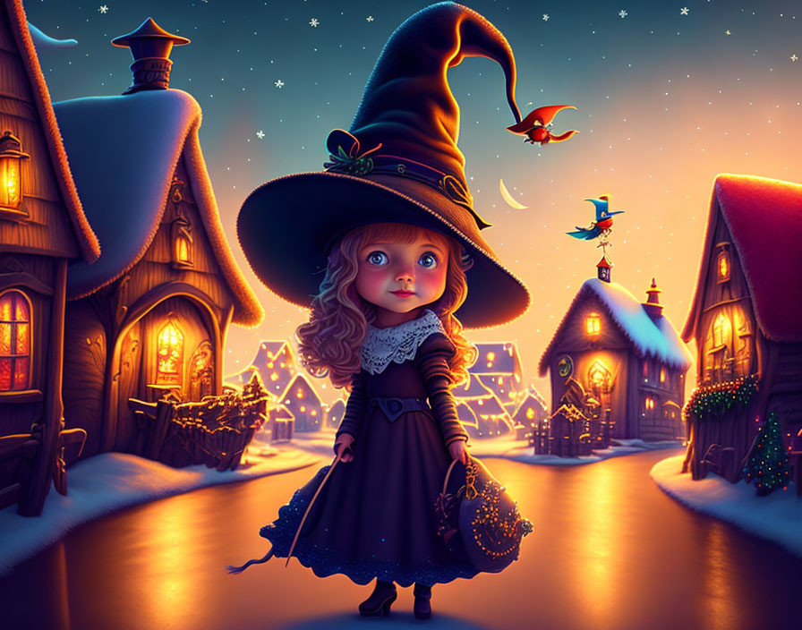 Young girl in witch costume on snowy village street at night with magical creatures