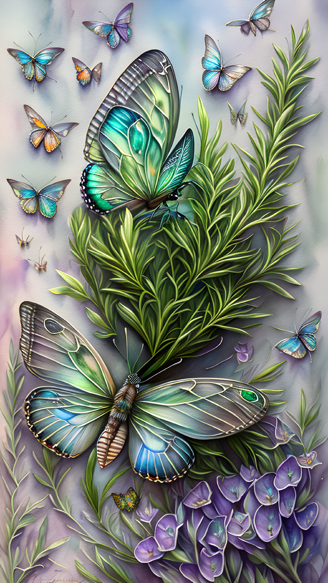 Vibrant blue and black butterflies on lush green foliage with purple flowers