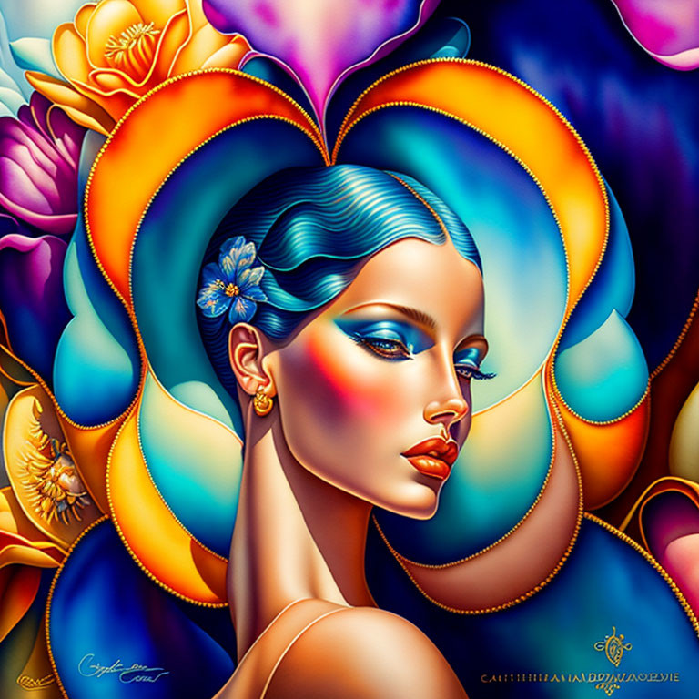 Colorful surreal artwork: stylized woman with blue hair & multicolored floral background