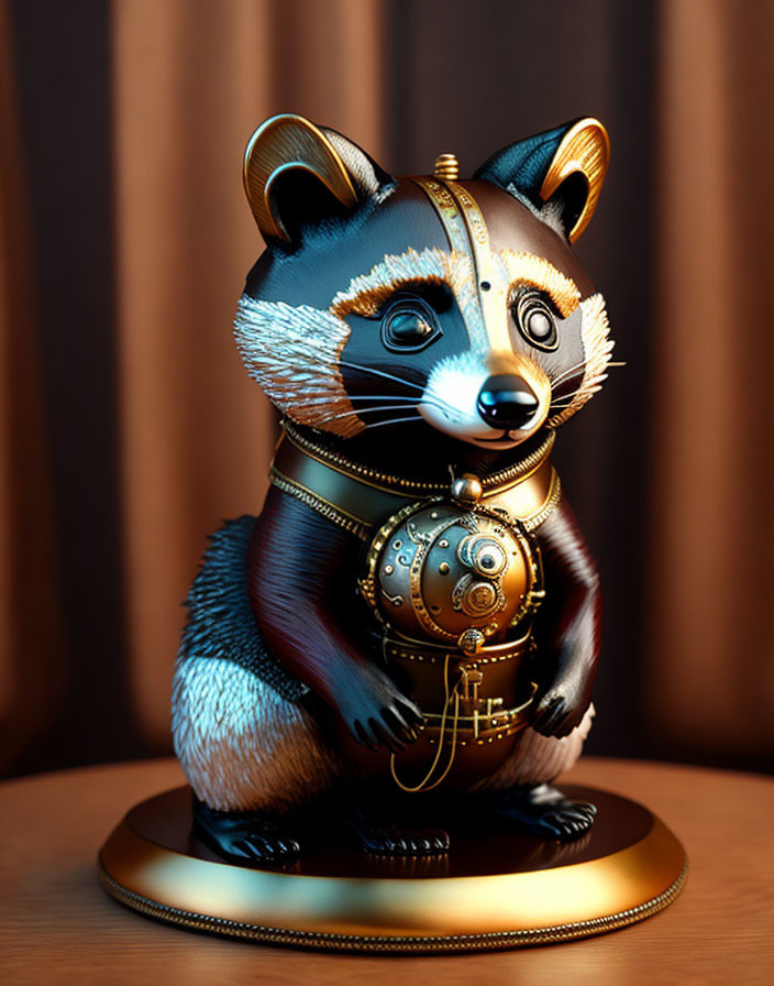 Steampunk-inspired badger figurine with brass accents on curtain backdrop