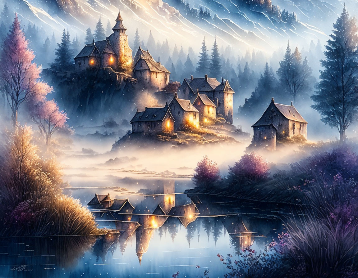 Misty village with illuminated cottages by reflective lake