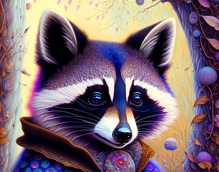 Vivid, colorful raccoon art with intricate patterns