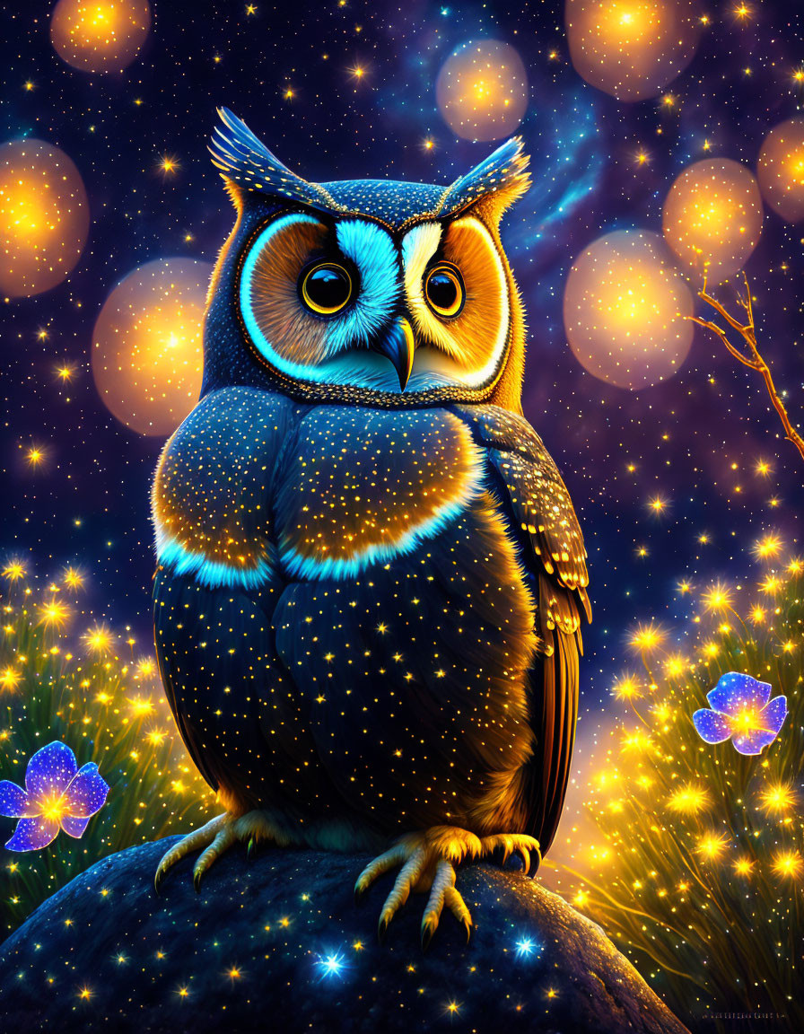 Stylized owl on rock in starry night with blue flowers